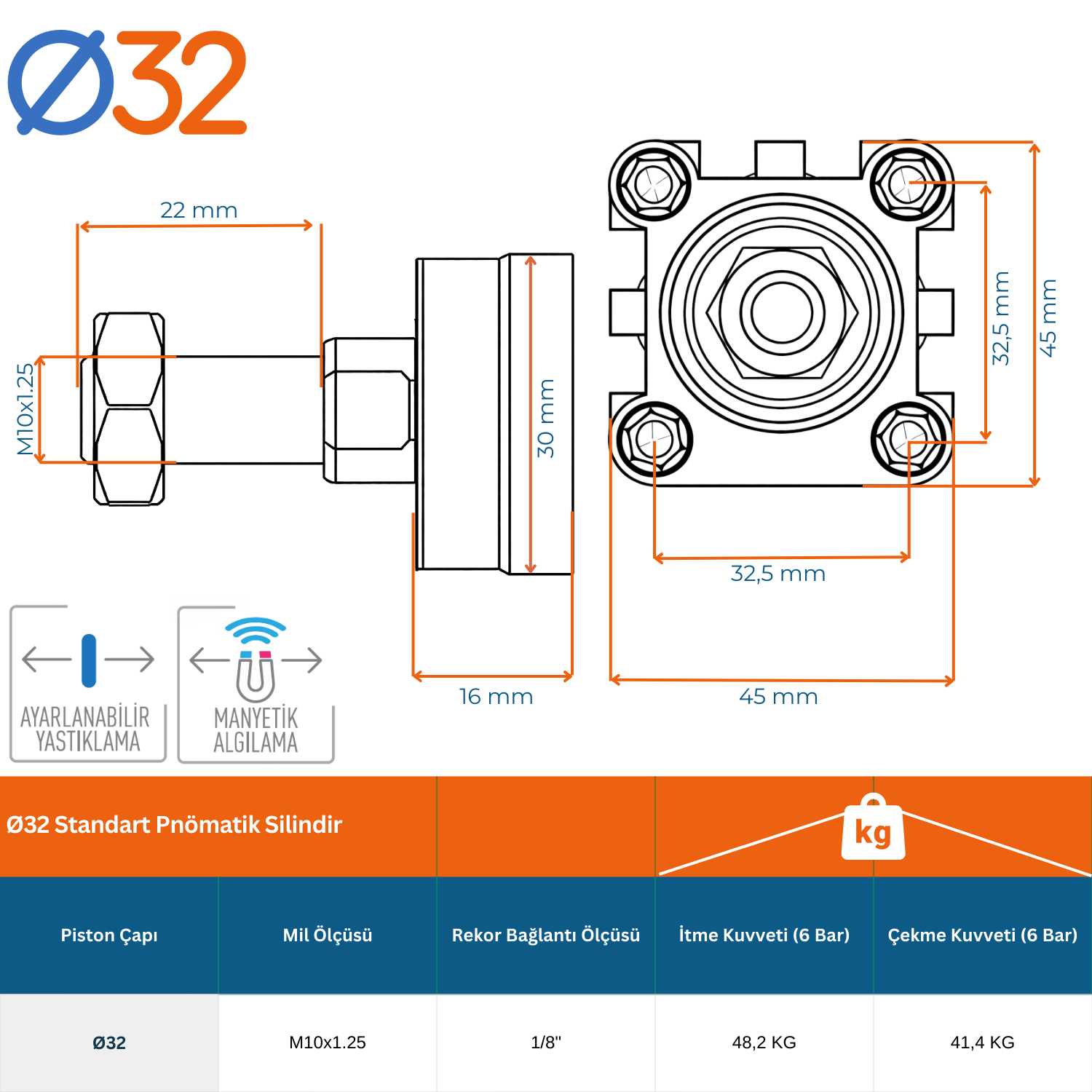 Ø32 Manyetik Yastıklı Pnömatik Silindir