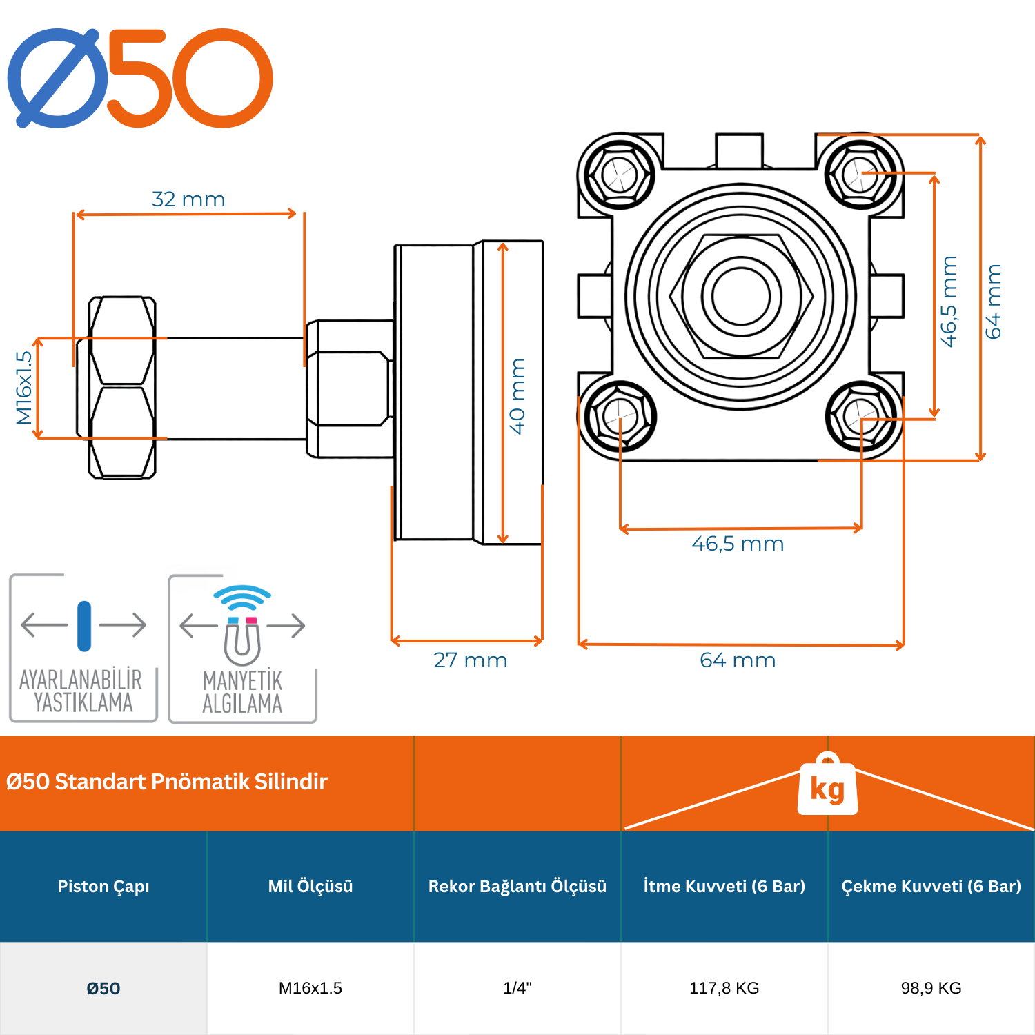 Ø50 Manyetik Yastıklı Pnömatik Silindir