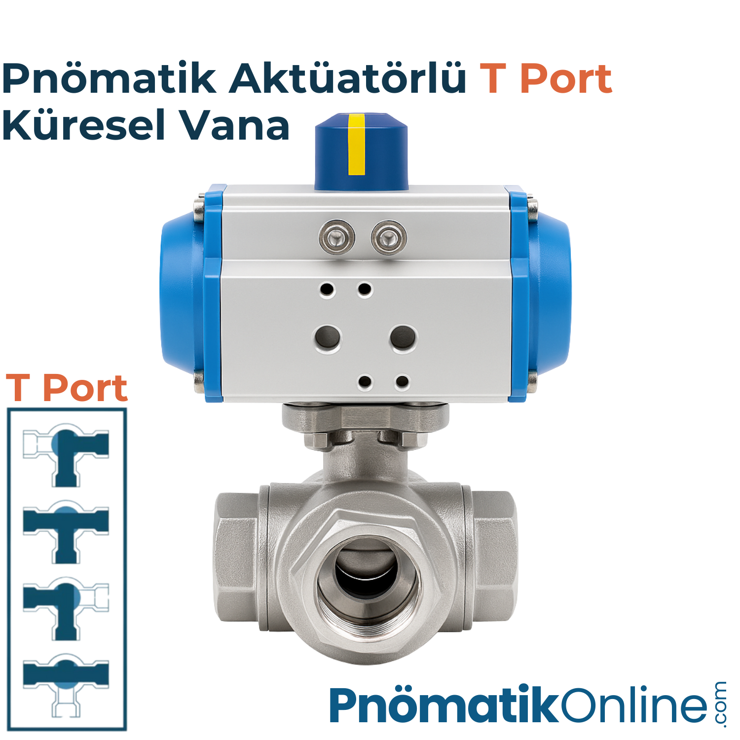 Pnömatik Aktüatölü 3 Yollu T Port Küresel Vana
